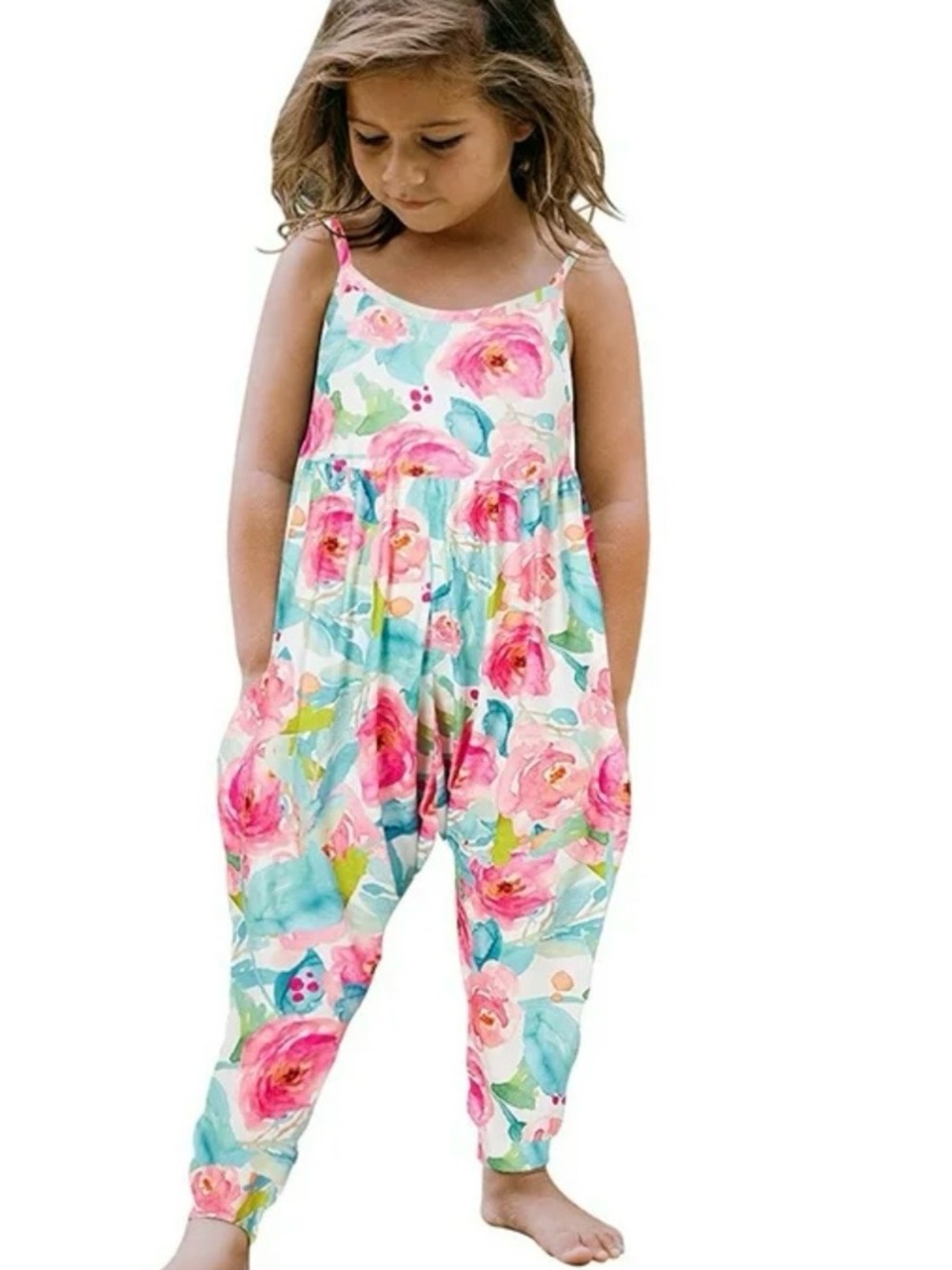 Girls Floral Pink & Teal Harem Jogger Romper size 130/6